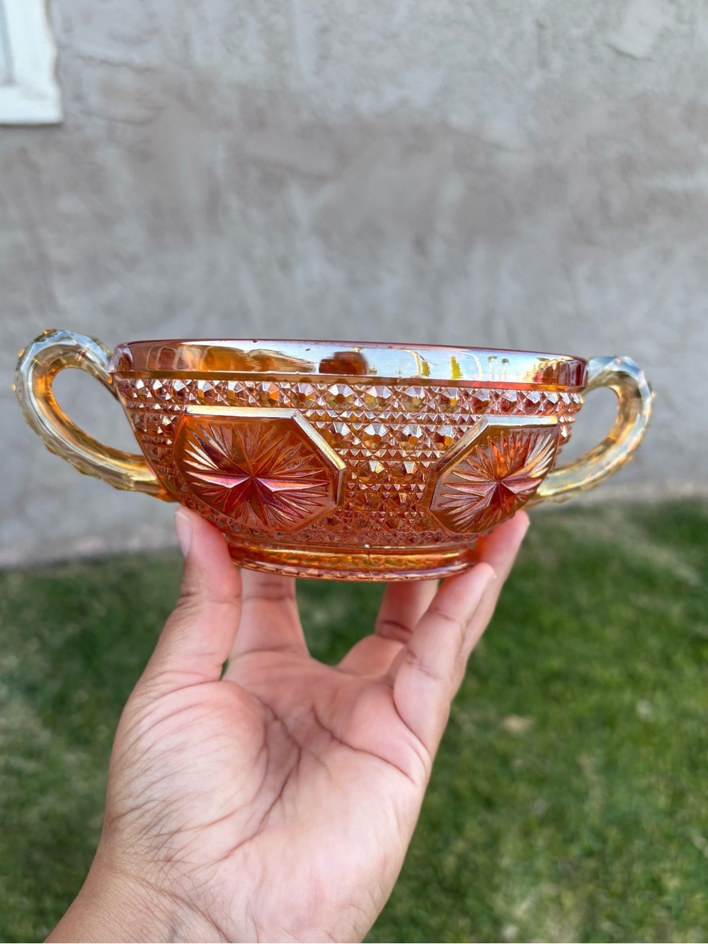 Vintage Marigold Star Medallion Carnival Glass Double Handled Candy Nut Bowl